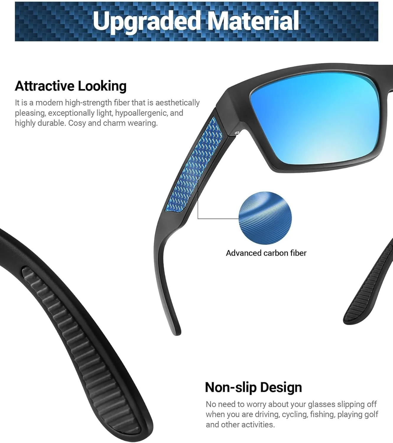 JIM HALO Polarized Sunglasses Men Women, Sport Square Sunglasses with Carbon Fiber and Non-Slip Design For Fishing Driving