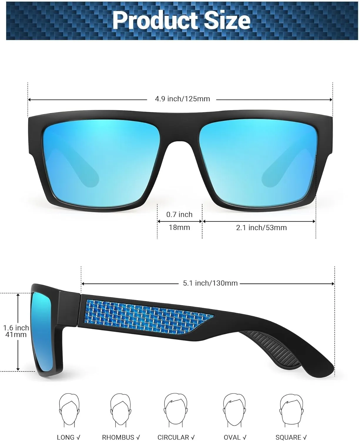 JIM HALO Polarized Sunglasses Men Women, Sport Square Sunglasses with Carbon Fiber and Non-Slip Design For Fishing Driving