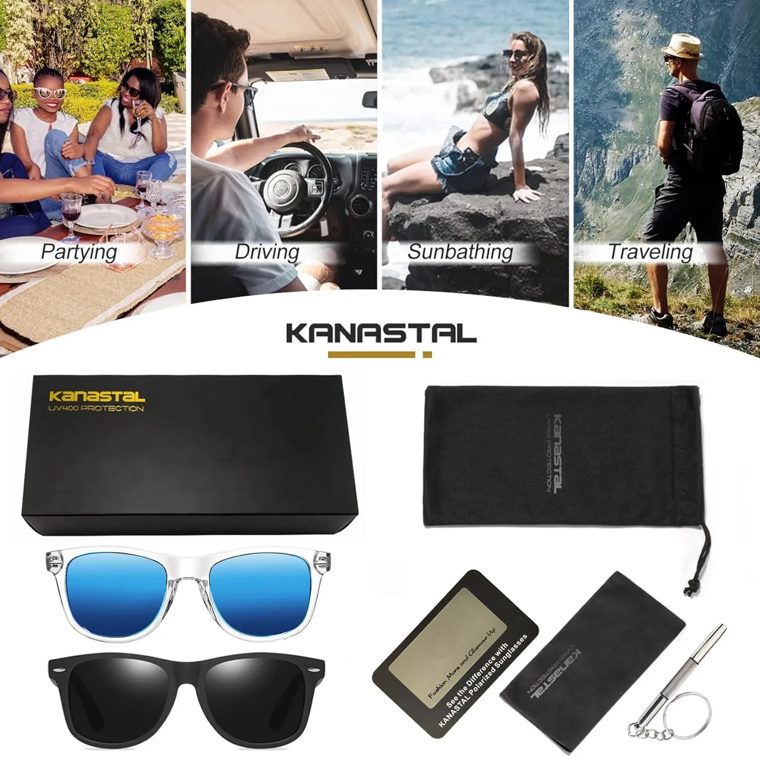 KANASTAL Polarized Sunglasses for Men Women with UV400 Protection Classic Square Sun Glasses Fashion Trendy Shades 2 Pack