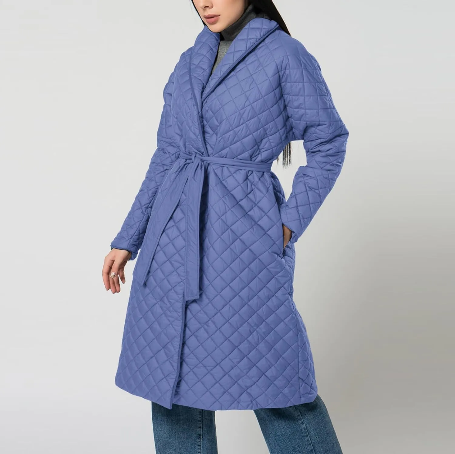 lcziwo Women's Oversized Quilted Coat Diamond Plaid Wrap Waist Puffer Jacket Winter Warm Casual Long down Coat with Belt