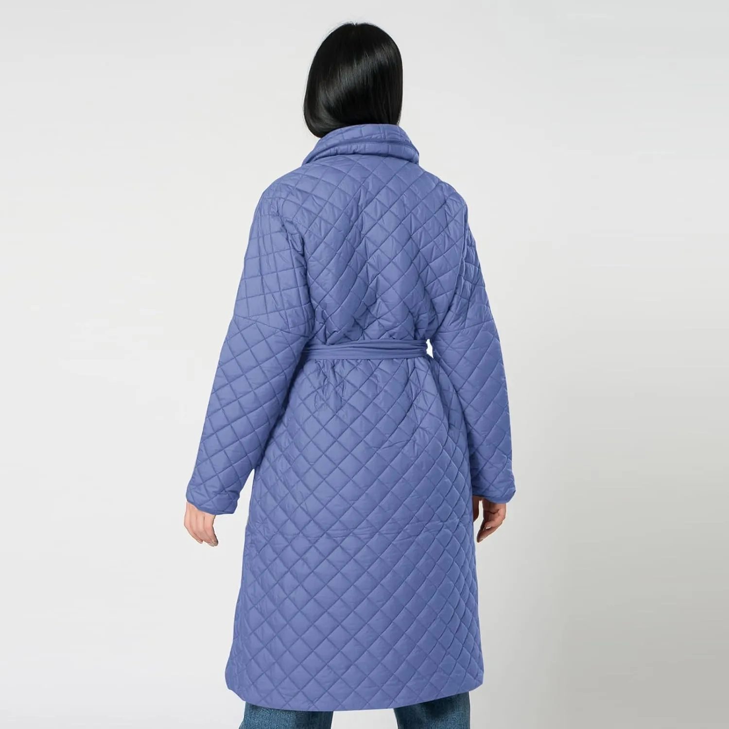 lcziwo Women's Oversized Quilted Coat Diamond Plaid Wrap Waist Puffer Jacket Winter Warm Casual Long down Coat with Belt