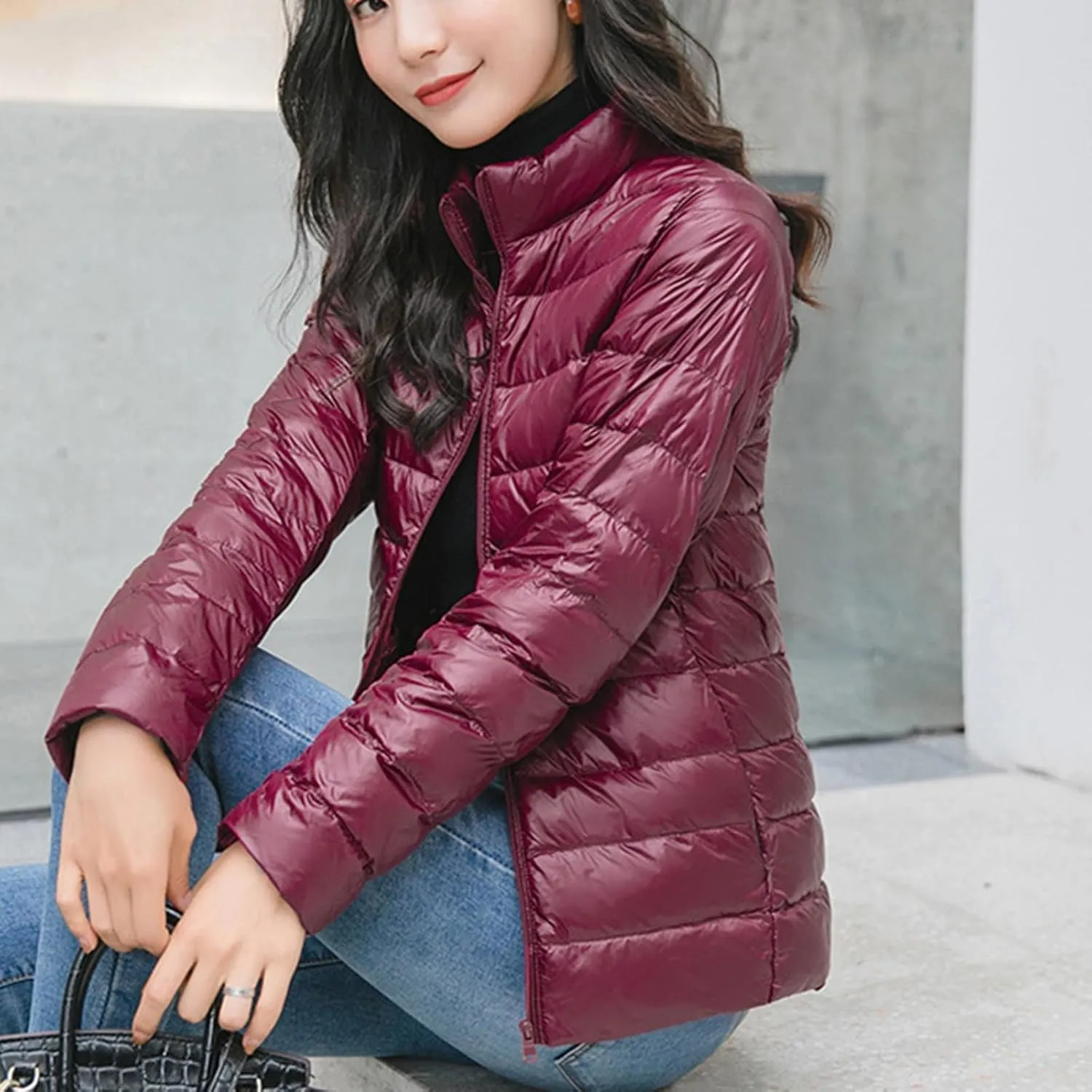 lcziwo Women's Short down Jacket Lightweight Puffer Jacket Long Sleeve Stand Collar Zip up Slim Warm Quilted Winter Coat