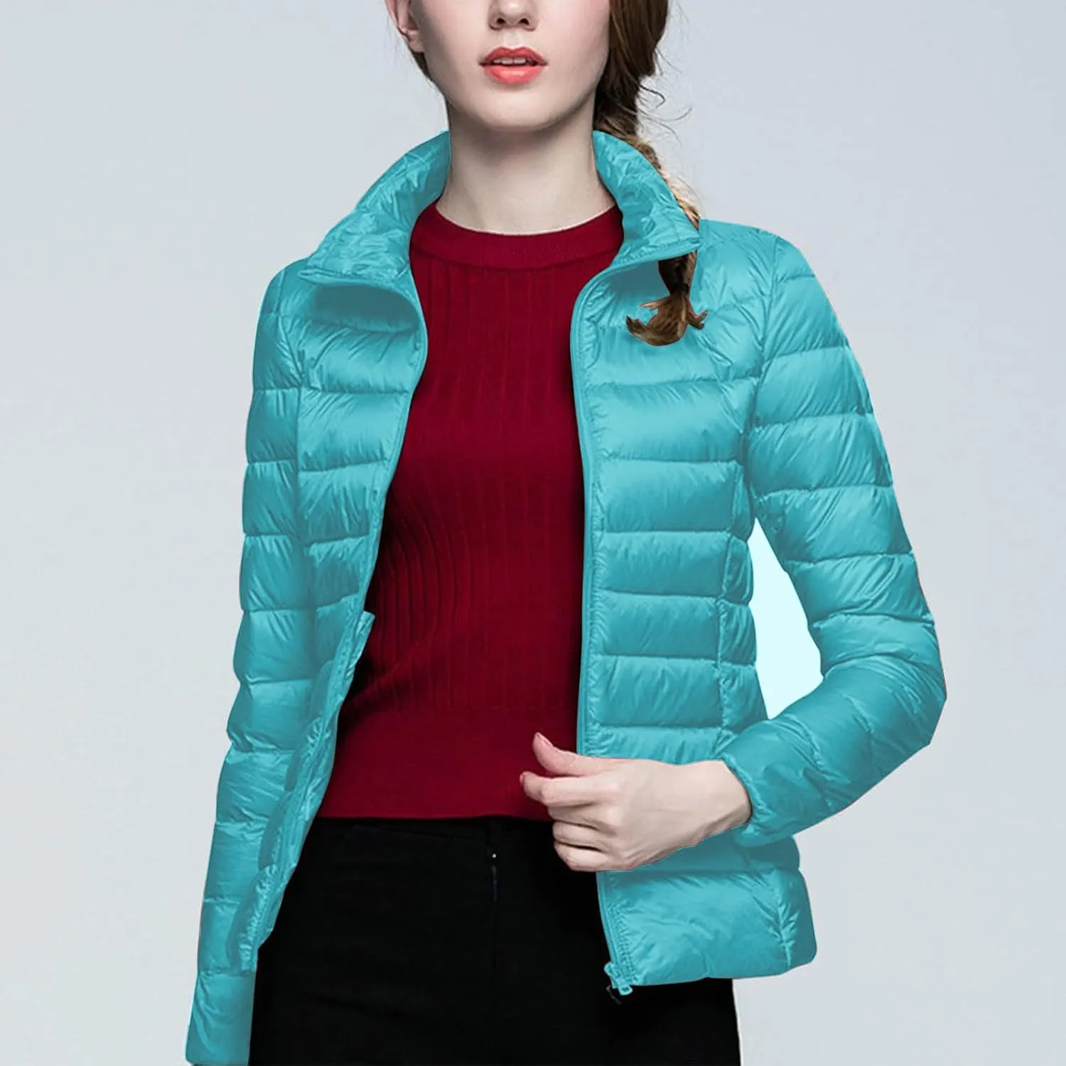 lcziwo Women's Short down Jacket Lightweight Puffer Jacket Long Sleeve Stand Collar Zip up Slim Warm Quilted Winter Coat
