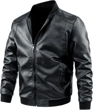 Leatherjacket Men Loose Solid Color Zip PU Leather Jacket Short Lapel Motorcycle Leather Jacket Leather Jacket for