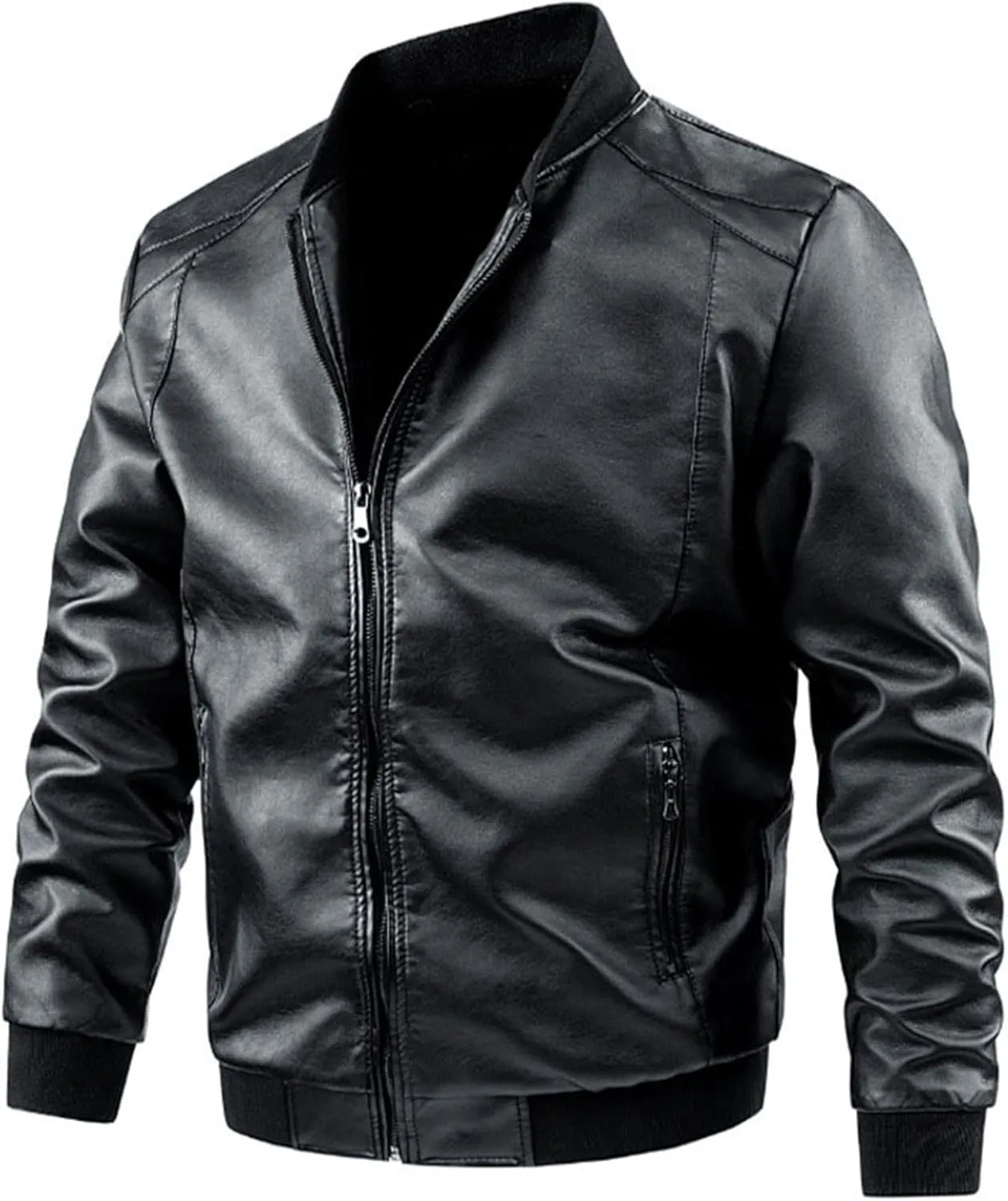 Leatherjacket Men Loose Solid Color Zip PU Leather Jacket Short Lapel Motorcycle Leather Jacket Leather Jacket for
