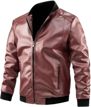 Leatherjacket Men Loose Solid Color Zip PU Leather Jacket Short Lapel Motorcycle Leather Jacket Leather Jacket for