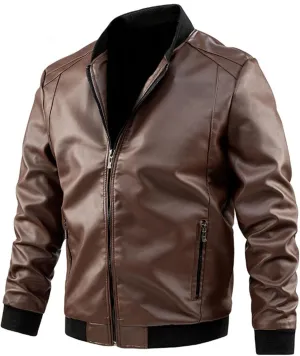 Leatherjacket Men Loose Solid Color Zip PU Leather Jacket Short Lapel Motorcycle Leather Jacket Leather Jacket for