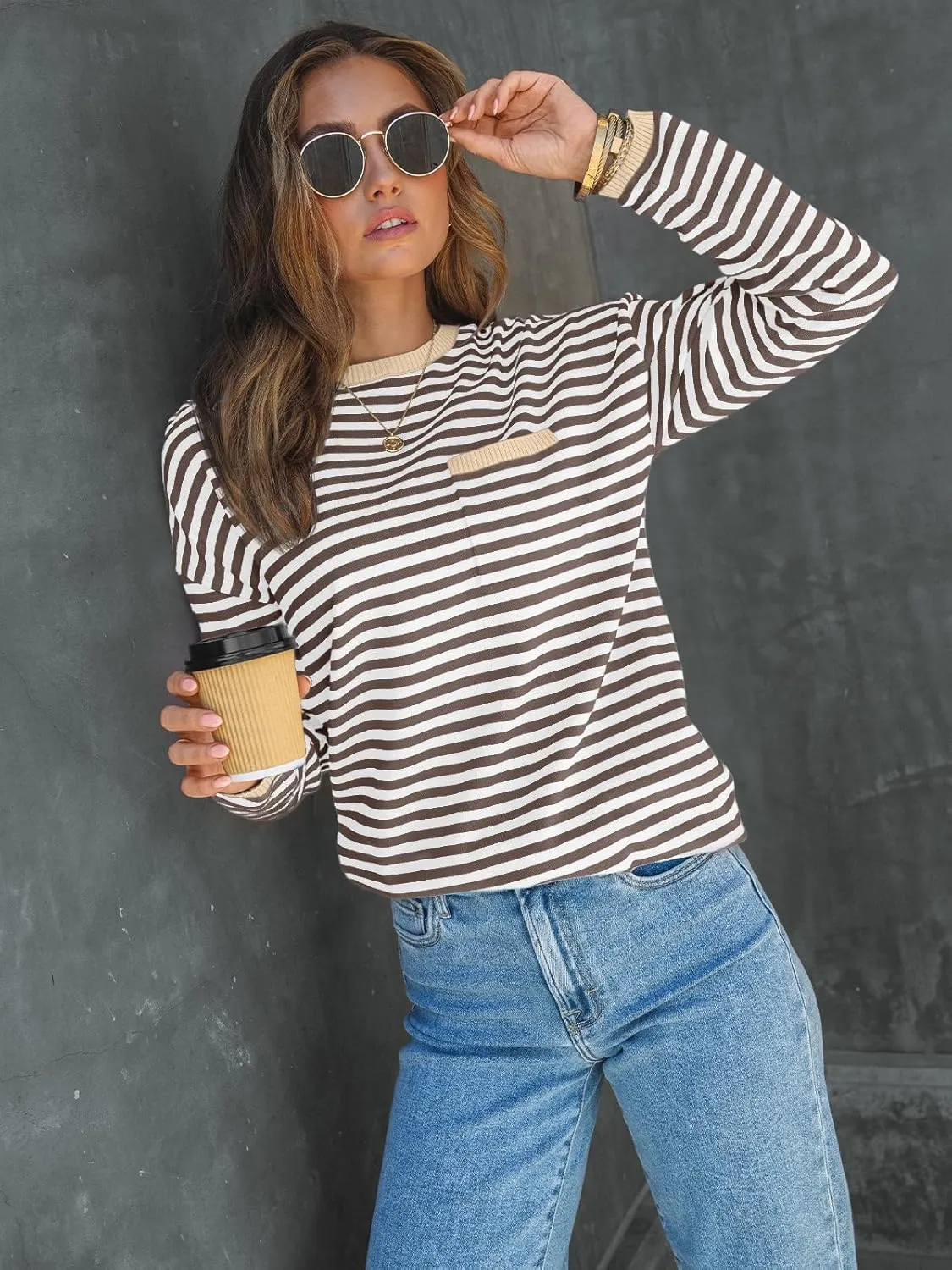 LILLUSORY Womens Striped Soft Knit Pullover Sweater Loose Fit Shirts with Chest Pocket
