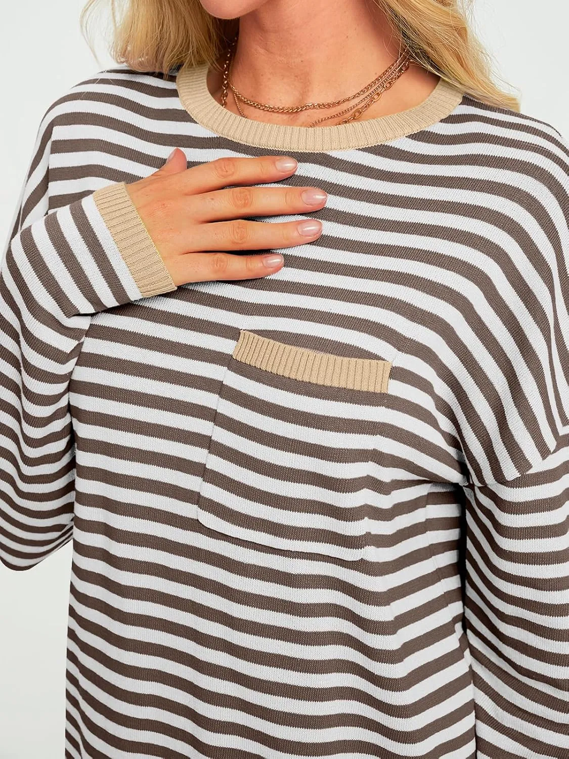 LILLUSORY Womens Striped Soft Knit Pullover Sweater Loose Fit Shirts with Chest Pocket