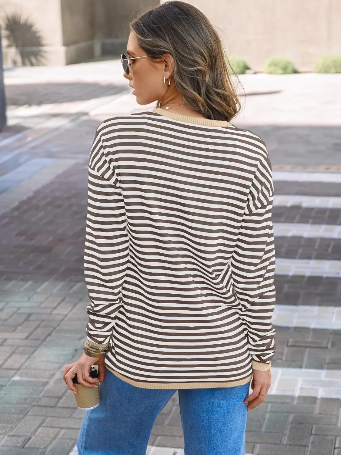 LILLUSORY Womens Striped Soft Knit Pullover Sweater Loose Fit Shirts with Chest Pocket