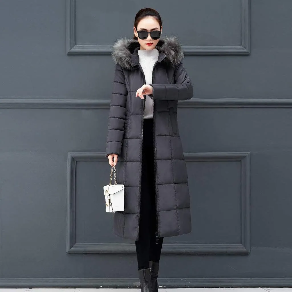 Long Down Winter Coats For Women Thicken Down Coats Full Zip Long Puffer Jacket Fur Hooded Quilted Parka Padded Jacket