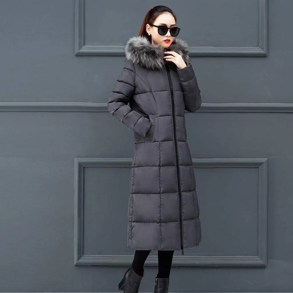 Long Down Winter Coats For Women Thicken Down Coats Full Zip Long Puffer Jacket Fur Hooded Quilted Parka Padded Jacket