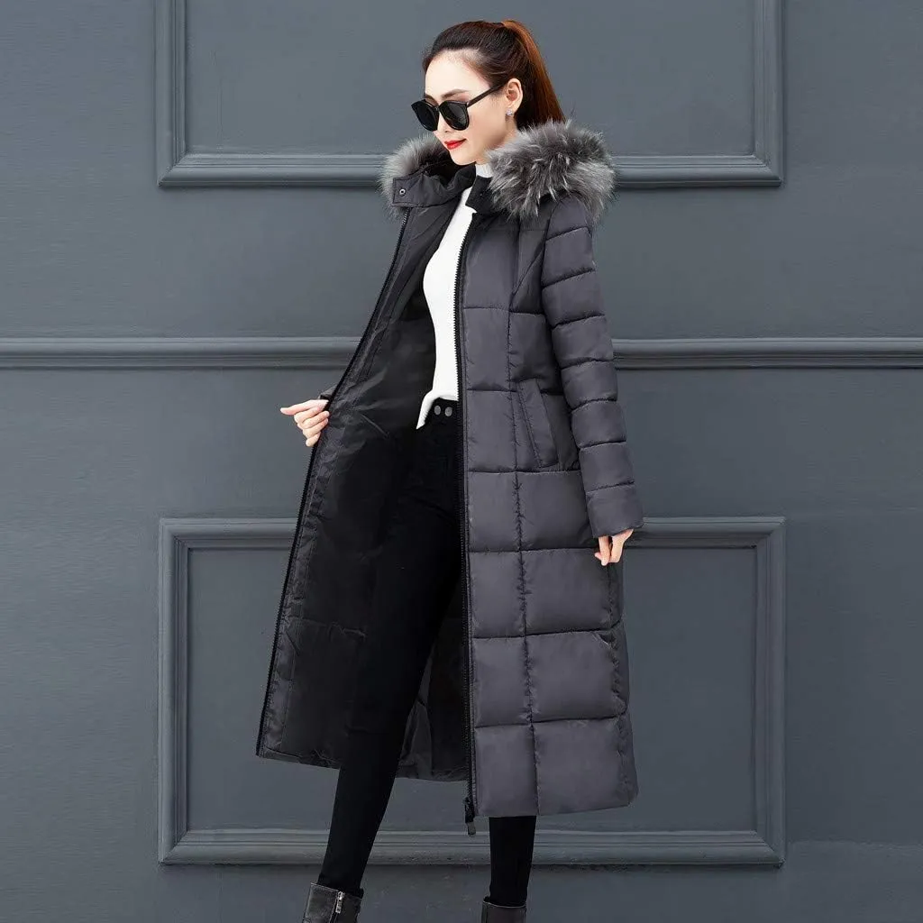 Long Down Winter Coats For Women Thicken Down Coats Full Zip Long Puffer Jacket Fur Hooded Quilted Parka Padded Jacket