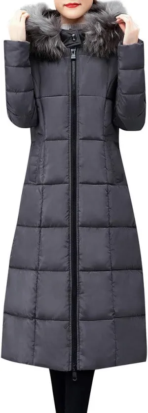 Long Down Winter Coats For Women Thicken Down Coats Full Zip Long Puffer Jacket Fur Hooded Quilted Parka Padded Jacket