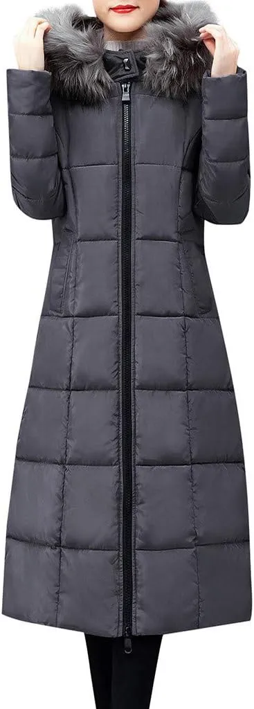 Long Down Winter Coats For Women Thicken Down Coats Full Zip Long Puffer Jacket Fur Hooded Quilted Parka Padded Jacket