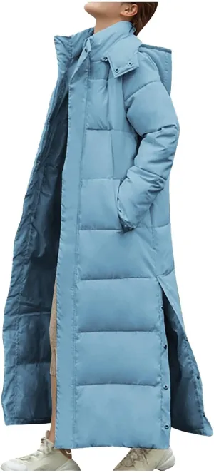 Long Puffer Jacket for Women Side Slit Hooded Puffer Jacket Oversized Zip Up Down Cotton Jacket 2024 Warm Winter Coat