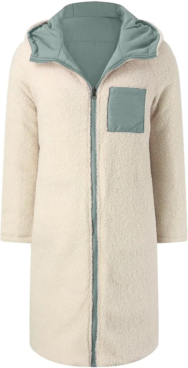 Long Winter Coats for Women Casual Long Sleeve Zip Up Puffer Jacket Plus Size Warm Outwear Trendy Reversible Teddy Coat