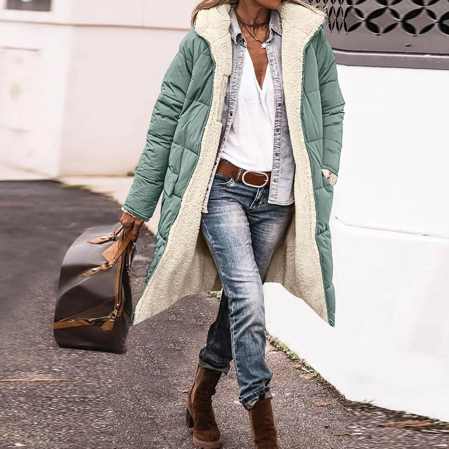 Long Winter Coats for Women Casual Long Sleeve Zip Up Puffer Jacket Plus Size Warm Outwear Trendy Reversible Teddy Coat