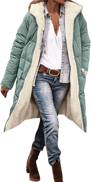 Long Winter Coats for Women Casual Long Sleeve Zip Up Puffer Jacket Plus Size Warm Outwear Trendy Reversible Teddy Coat