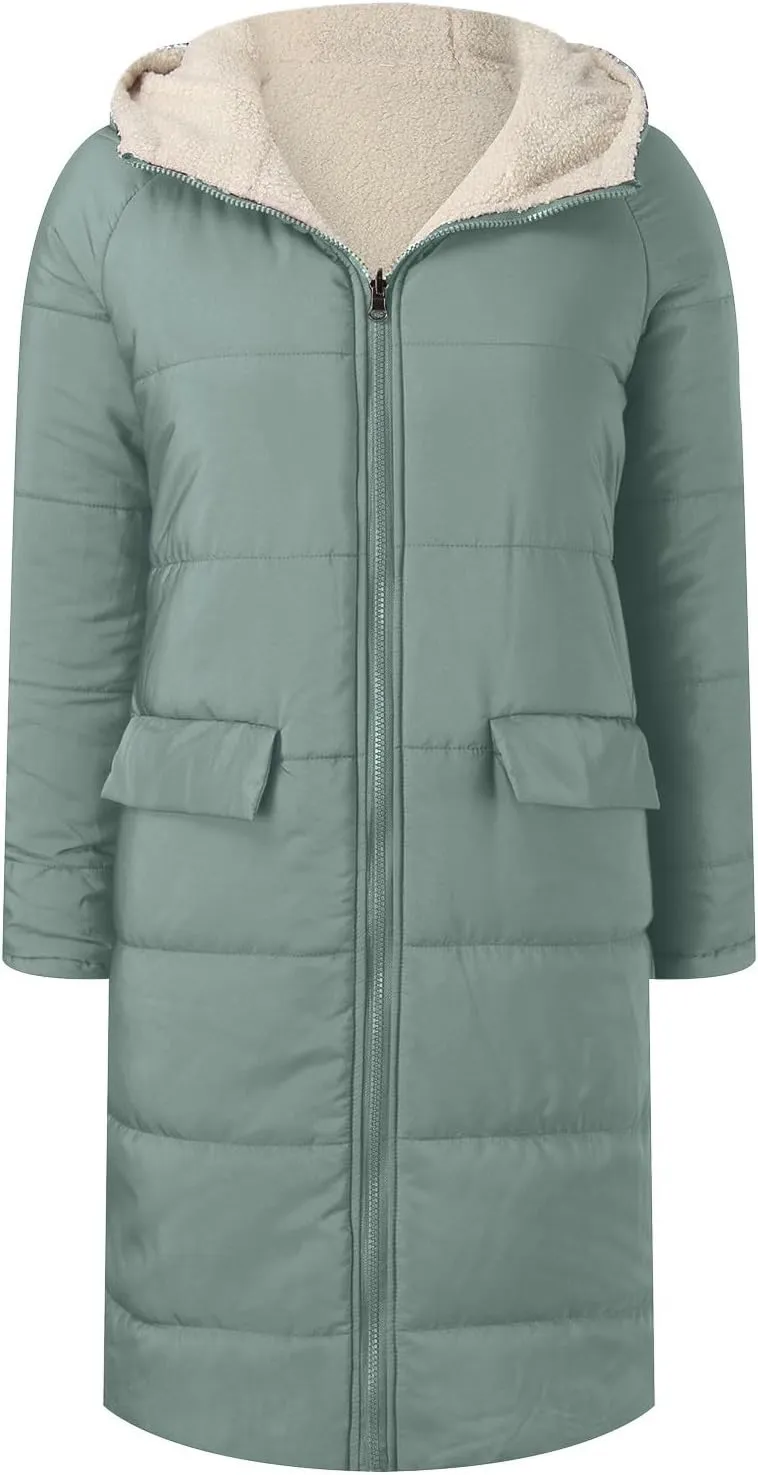 Long Winter Coats for Women Casual Long Sleeve Zip Up Puffer Jacket Plus Size Warm Outwear Trendy Reversible Teddy Coat
