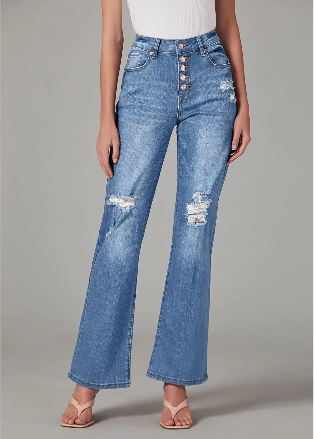 LookbookStore High Waisted Ripped Flare Jeans for Women Distressed Bell Bottom Jeans Wide Leg Pants