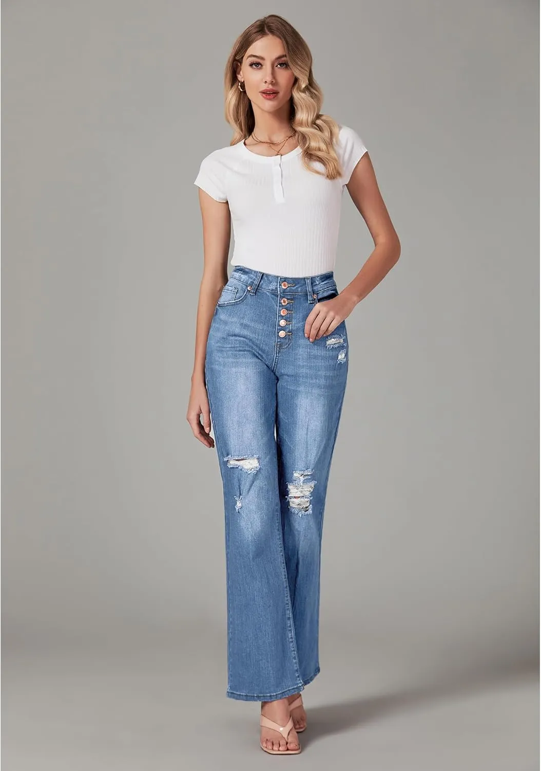 LookbookStore High Waisted Ripped Flare Jeans for Women Distressed Bell Bottom Jeans Wide Leg Pants