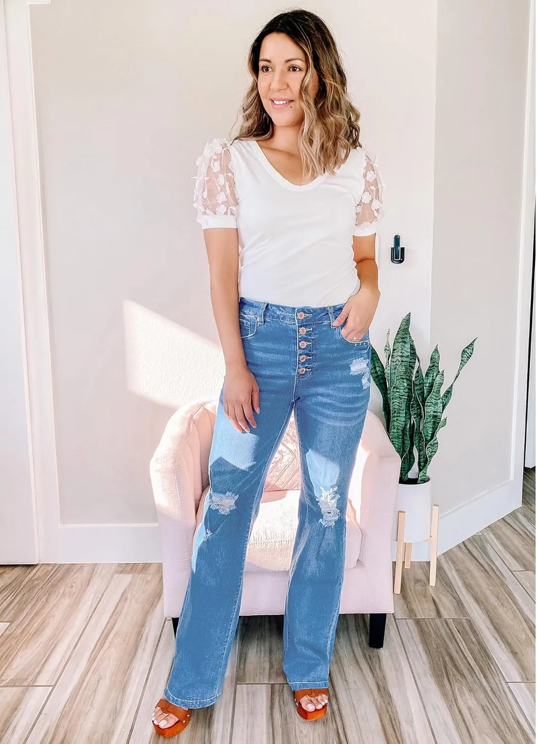 LookbookStore High Waisted Ripped Flare Jeans for Women Distressed Bell Bottom Jeans Wide Leg Pants