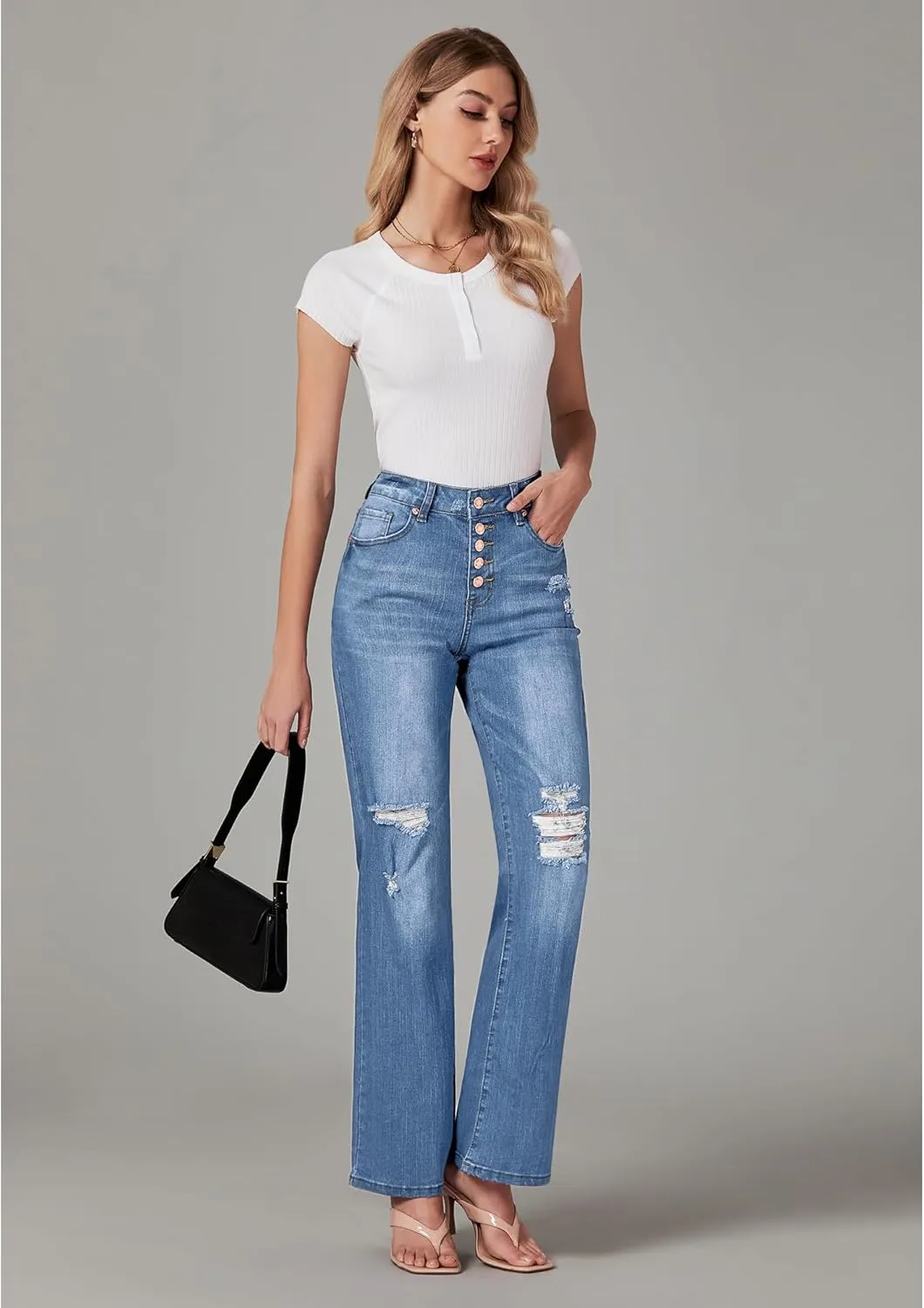 LookbookStore High Waisted Ripped Flare Jeans for Women Distressed Bell Bottom Jeans Wide Leg Pants