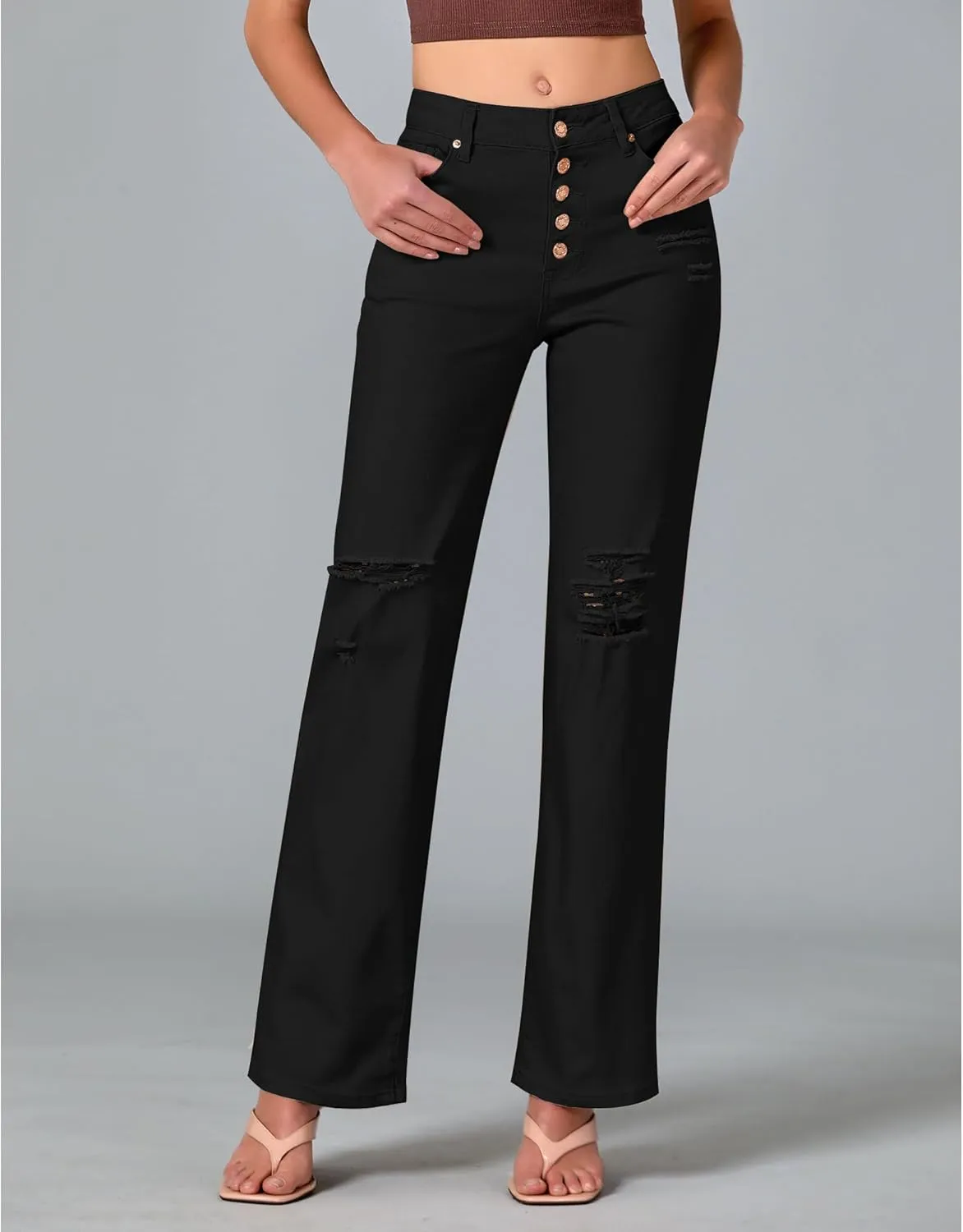 LookbookStore High Waisted Ripped Flare Jeans for Women Distressed Bell Bottom Jeans Wide Leg Pants