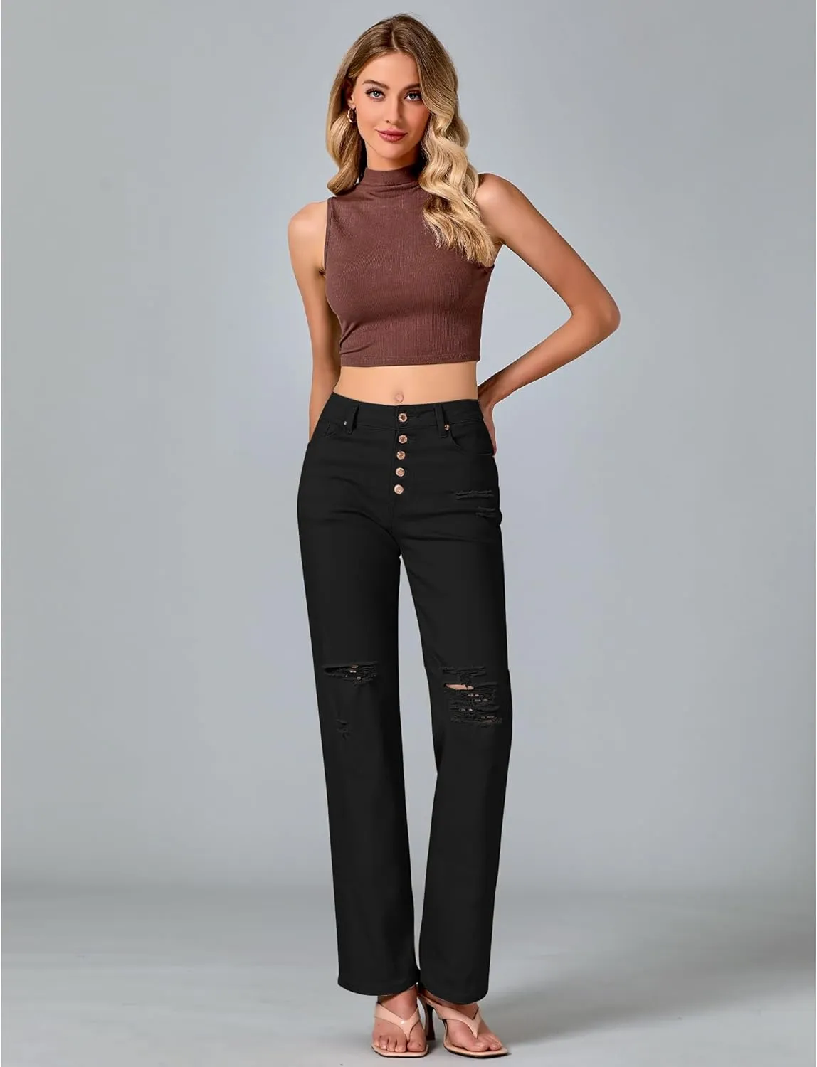 LookbookStore High Waisted Ripped Flare Jeans for Women Distressed Bell Bottom Jeans Wide Leg Pants