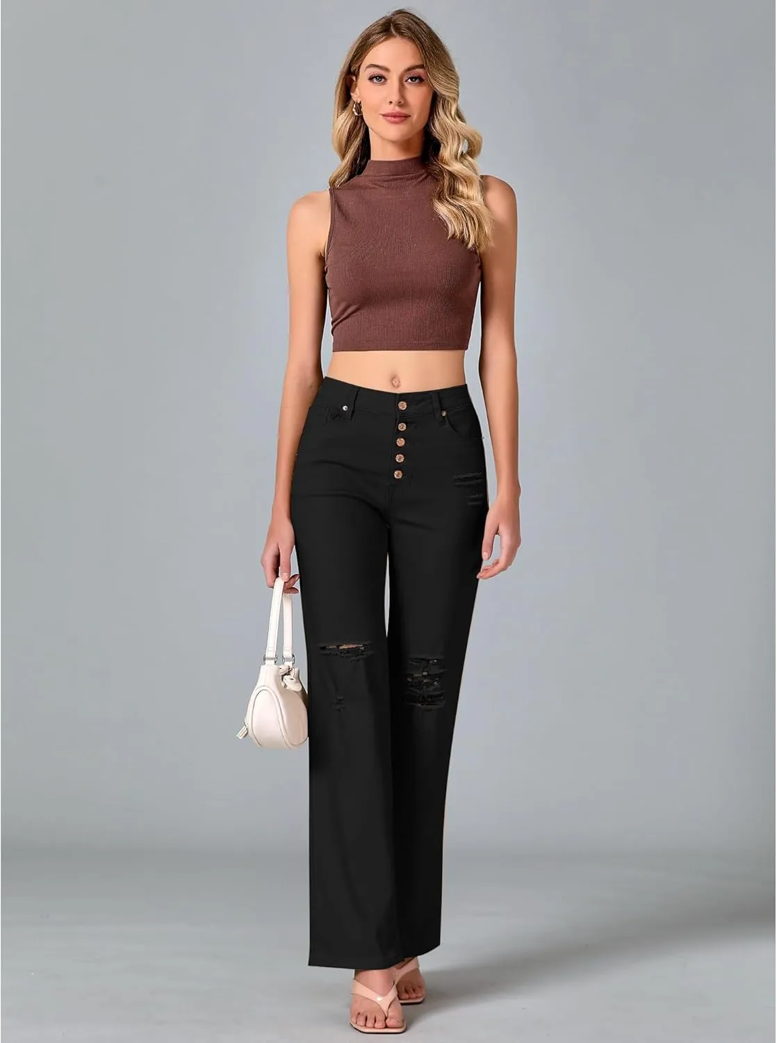 LookbookStore High Waisted Ripped Flare Jeans for Women Distressed Bell Bottom Jeans Wide Leg Pants