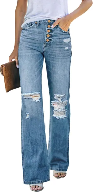 LookbookStore High Waisted Ripped Flare Jeans for Women Distressed Bell Bottom Jeans Wide Leg Pants