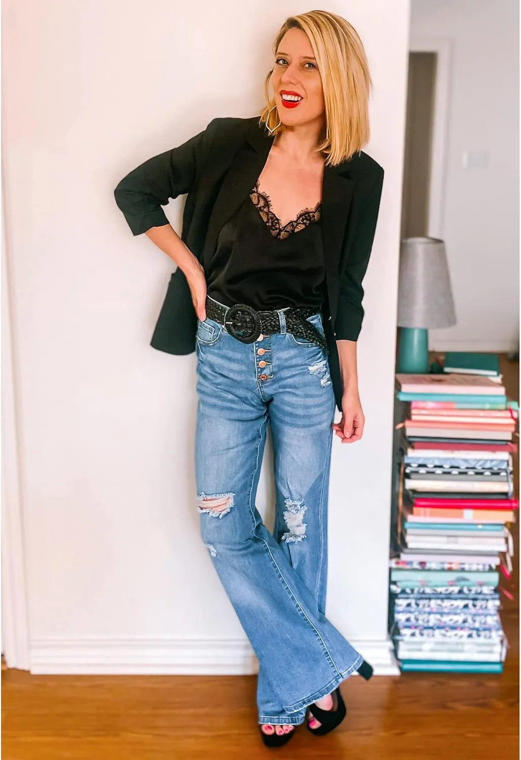 LookbookStore High Waisted Ripped Flare Jeans for Women Distressed Bell Bottom Jeans Wide Leg Pants