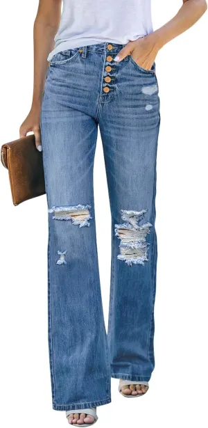 LookbookStore High Waisted Ripped Flare Jeans for Women Distressed Bell Bottom Jeans Wide Leg Pants