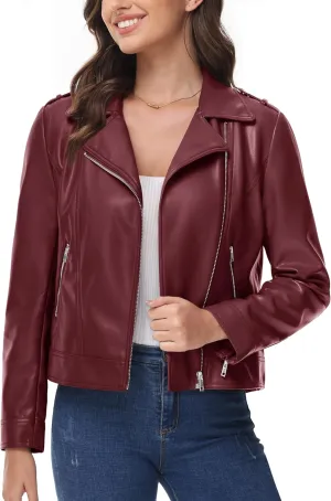 MAGCOMSEN Women's Leather Jacket Zipped Moto Jacket Lightweight Faux Leather Biker Jackets Fall Autumn Lapel Jackets