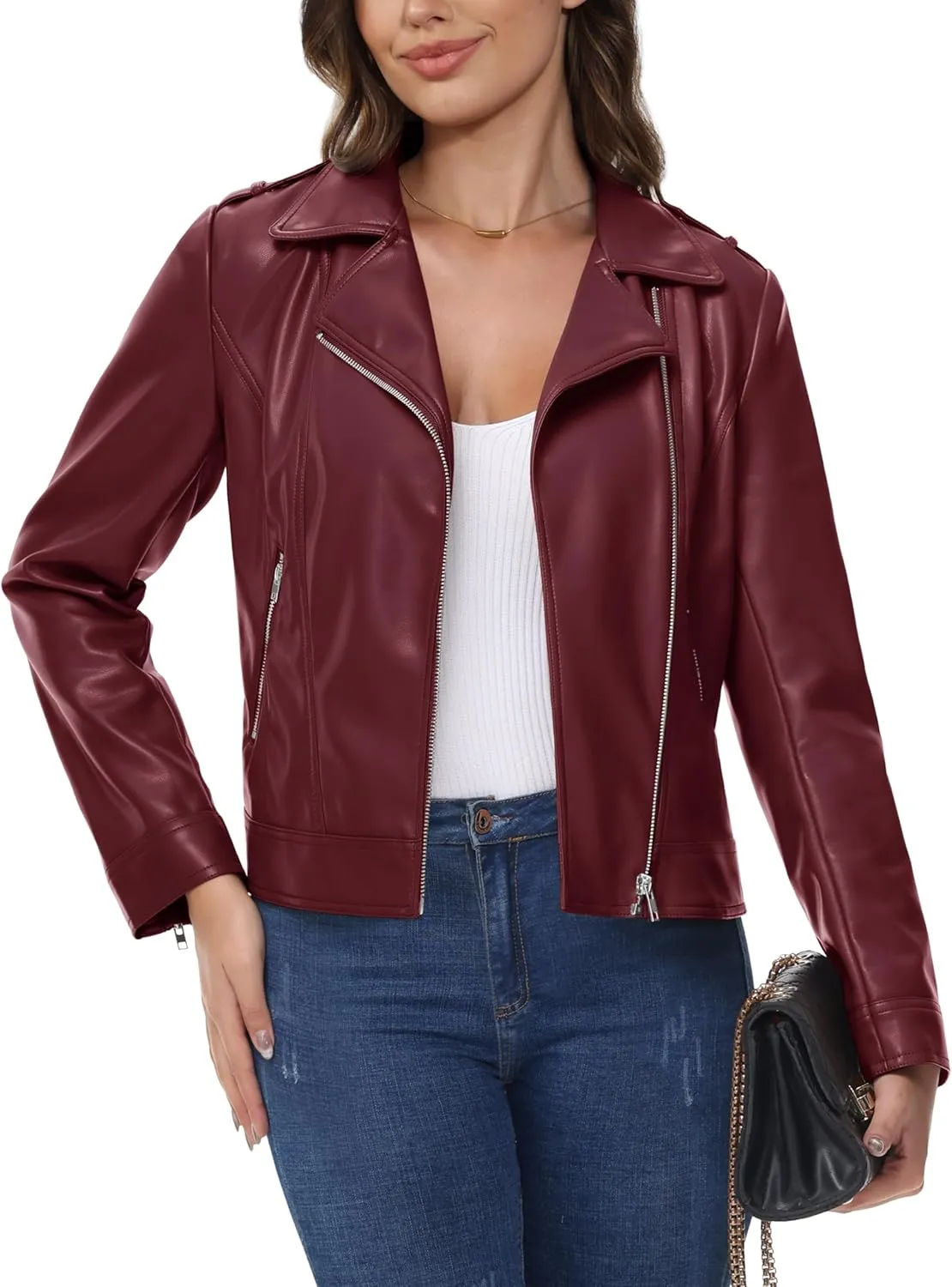 MAGCOMSEN Women's Leather Jacket Zipped Moto Jacket Lightweight Faux Leather Biker Jackets Fall Autumn Lapel Jackets