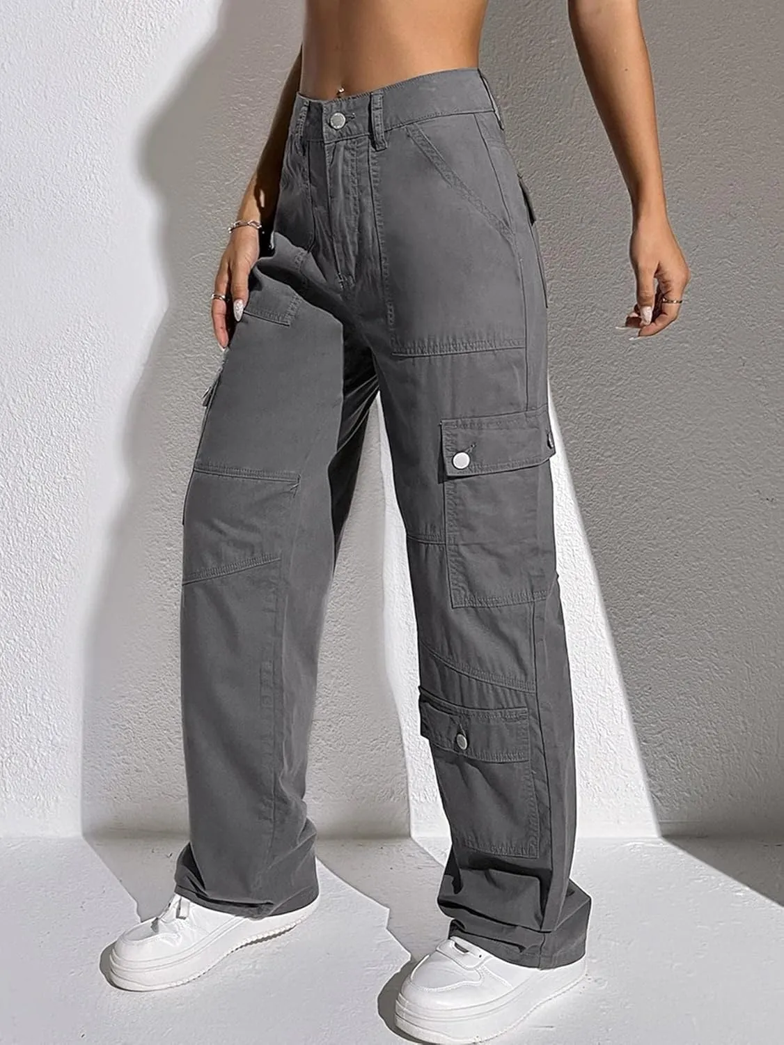 MakeMeChic Women's Casual High Waist Zipper Fly Cargo Jeans Straight Leg Baggy Denim Pants Trousers