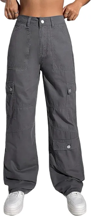 MakeMeChic Women's Casual High Waist Zipper Fly Cargo Jeans Straight Leg Baggy Denim Pants Trousers