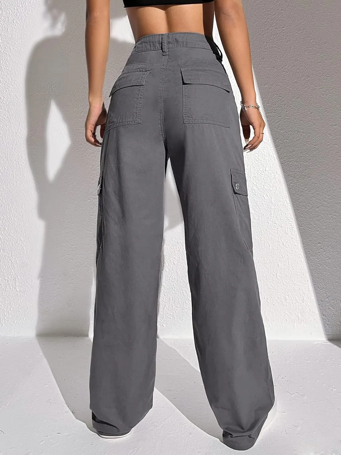 MakeMeChic Women's Casual High Waist Zipper Fly Cargo Jeans Straight Leg Baggy Denim Pants Trousers