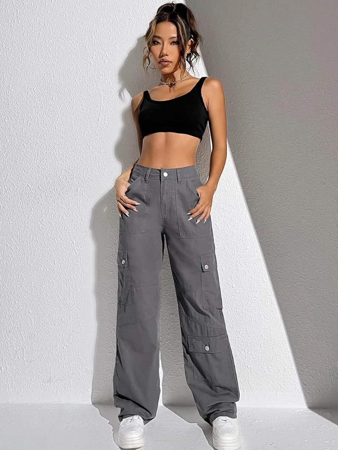MakeMeChic Women's Casual High Waist Zipper Fly Cargo Jeans Straight Leg Baggy Denim Pants Trousers