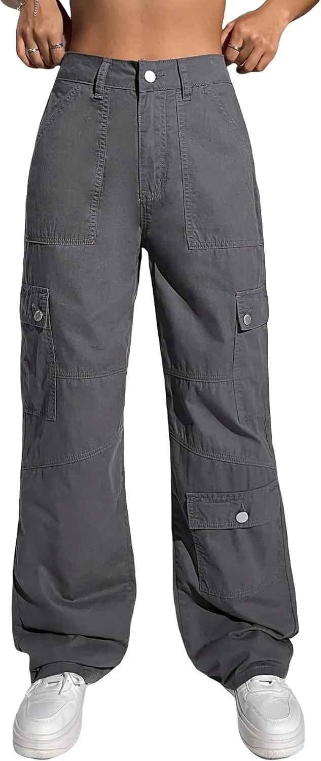 MakeMeChic Women's Casual High Waist Zipper Fly Cargo Jeans Straight Leg Baggy Denim Pants Trousers