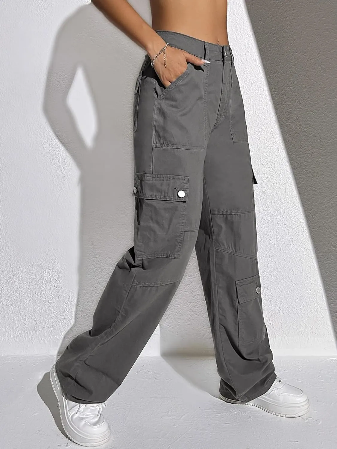 MakeMeChic Women's Casual High Waist Zipper Fly Cargo Jeans Straight Leg Baggy Denim Pants Trousers