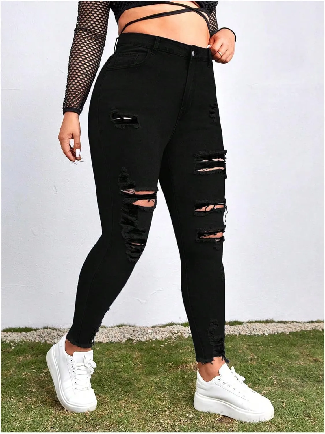 MakeMeChic Women's Plus Size Ripped Jeans Raw Hem Jeans Skinny Y2K Pants Trousers
