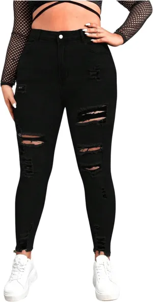 MakeMeChic Women's Plus Size Ripped Jeans Raw Hem Jeans Skinny Y2K Pants Trousers
