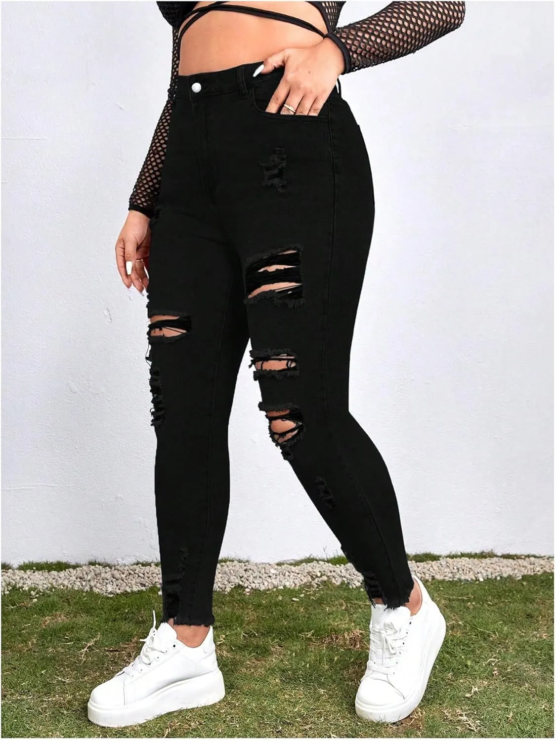 MakeMeChic Women's Plus Size Ripped Jeans Raw Hem Jeans Skinny Y2K Pants Trousers
