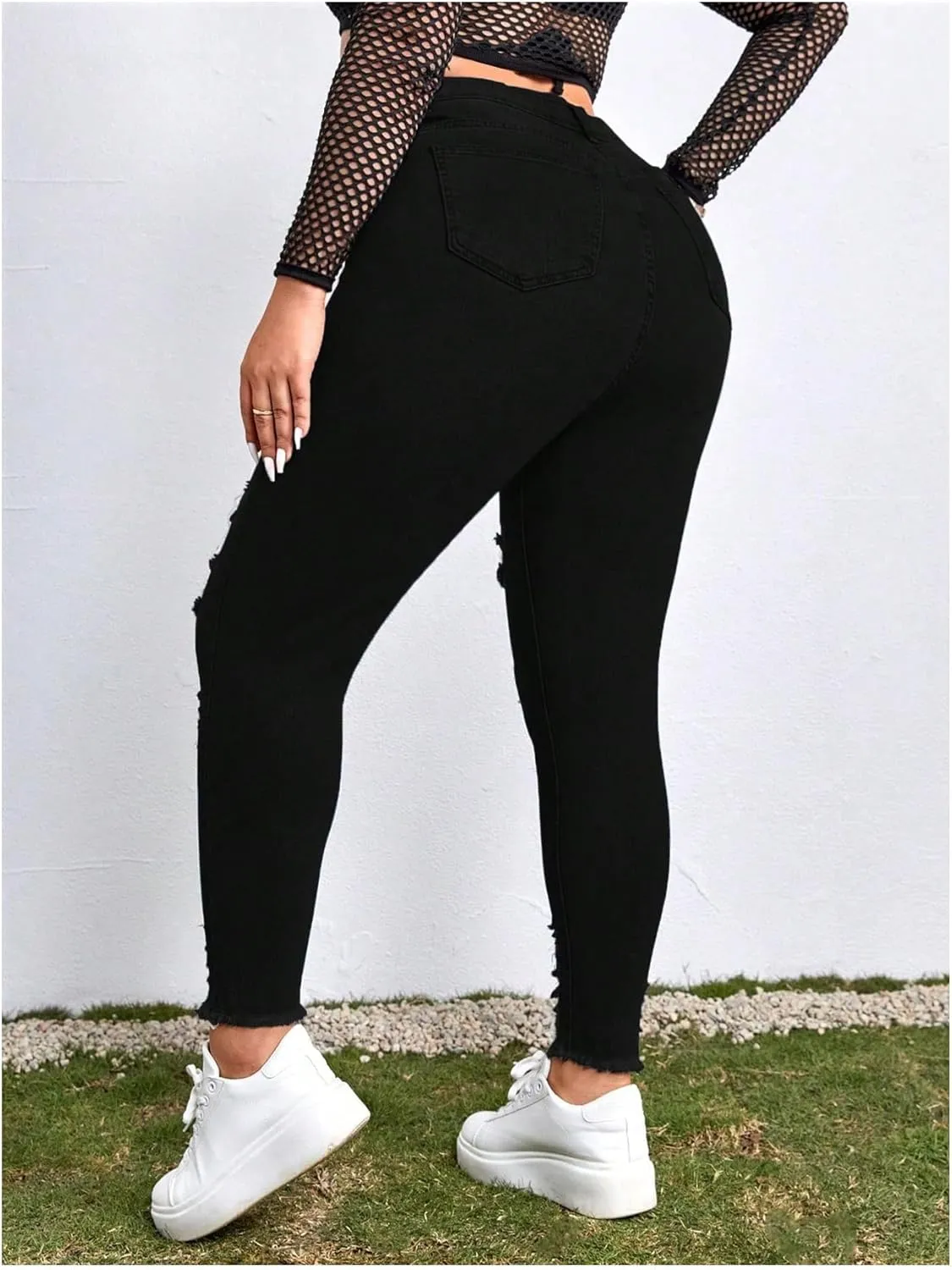MakeMeChic Women's Plus Size Ripped Jeans Raw Hem Jeans Skinny Y2K Pants Trousers