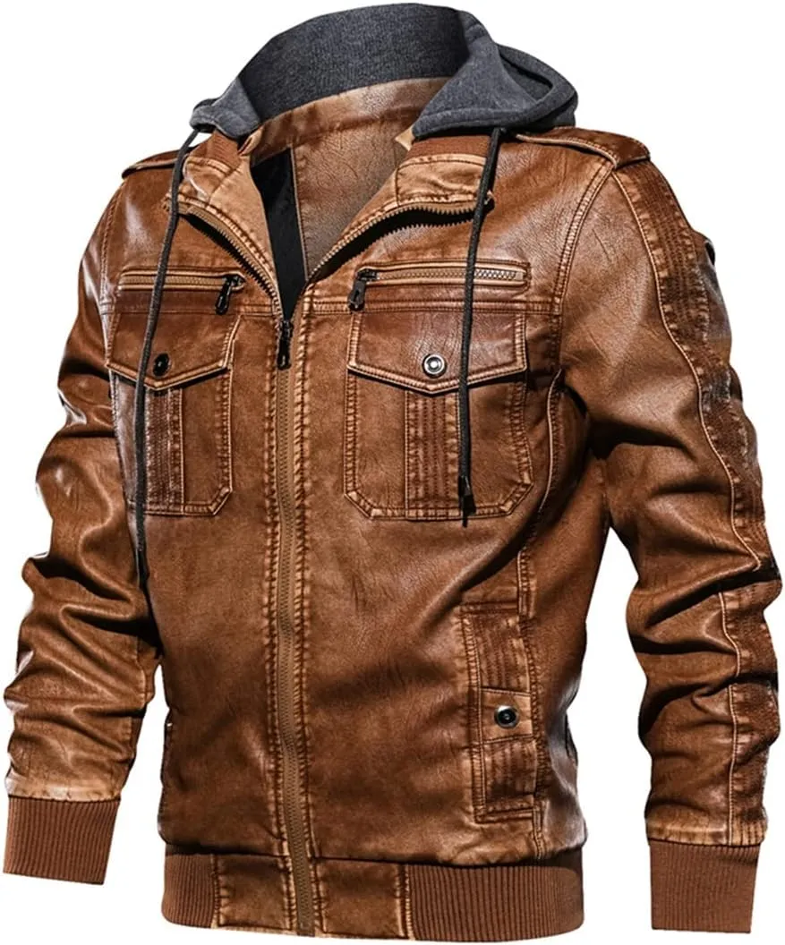 Men Hooded Leather Jacket Motorcycle PU Leather Coats Leather Jackets And Coats