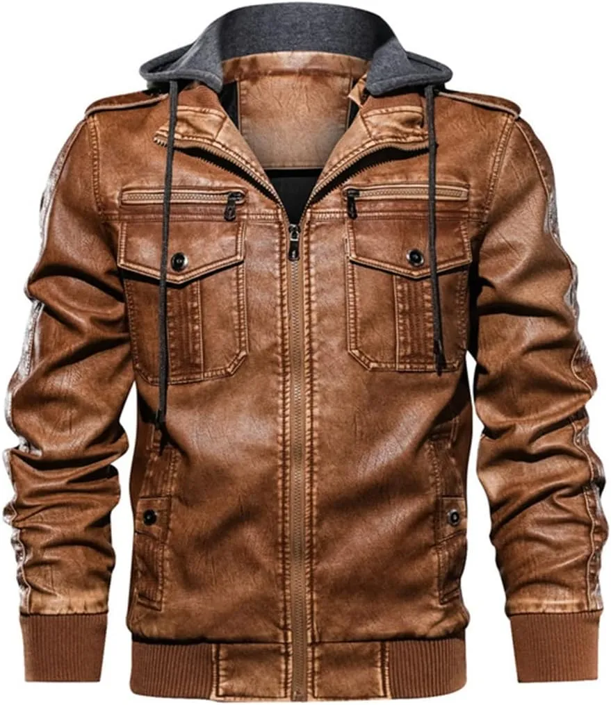 Men Hooded Leather Jacket Motorcycle PU Leather Coats Leather Jackets And Coats