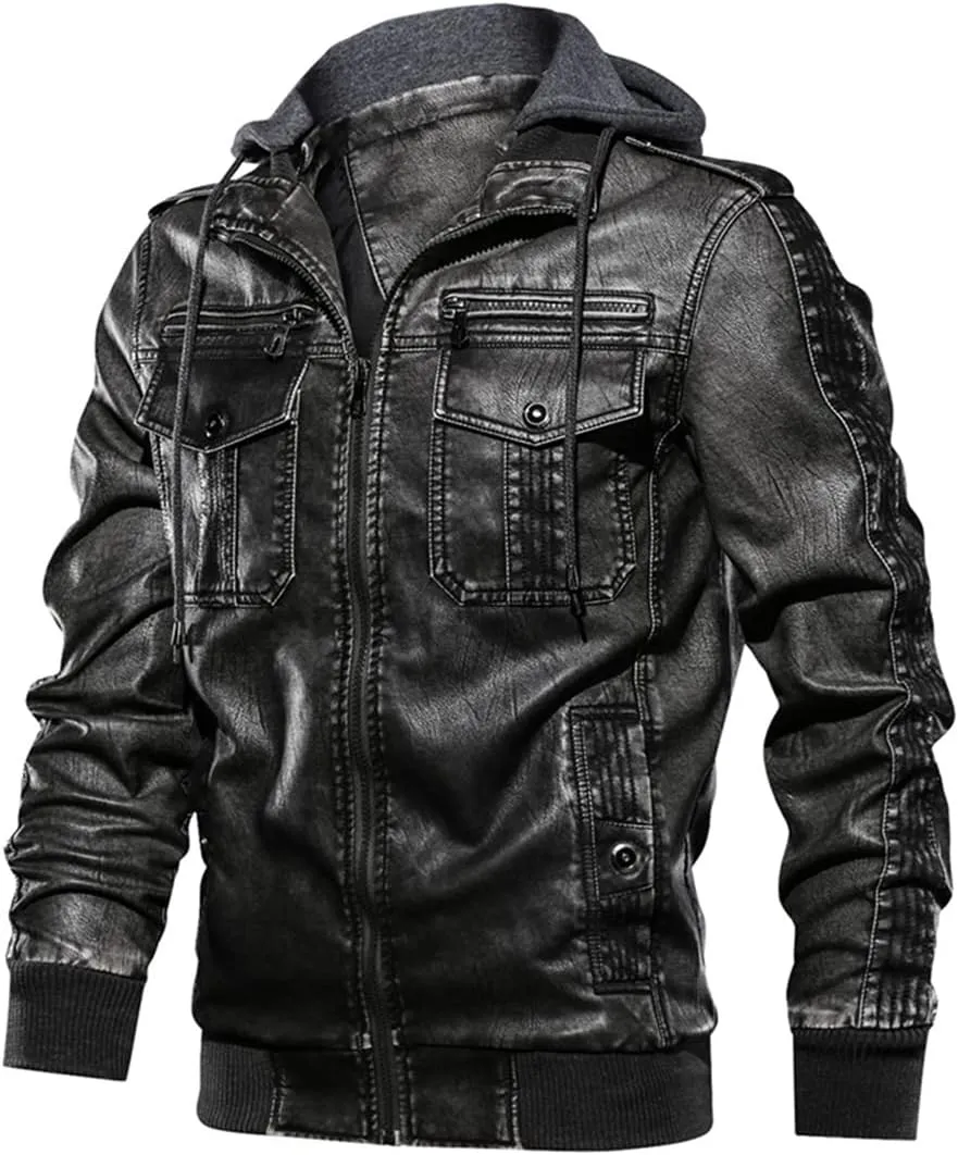 Men Hooded Leather Jacket Motorcycle PU Leather Coats Leather Jackets And Coats