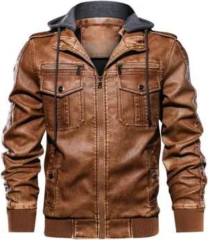 Men Hooded Leather Jacket Motorcycle PU Leather Coats Leather Jackets And Coats